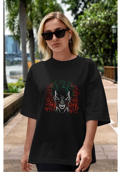 Joker (5) Ön Baskılı Siyah Oversize T-Shirt Bisiklet Yaka Erkek Kadın indirimleri