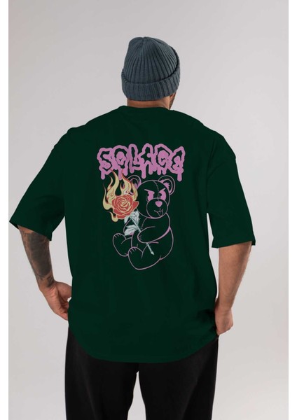 Solage Bear Arka Baskılı Zümrüt Yeşili Oversize T-Shirt Erkek Kadın Bisiklet Yaka