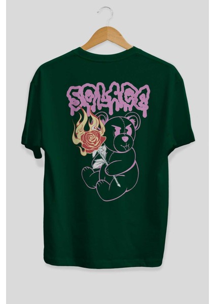 Solage Bear Arka Baskılı Zümrüt Yeşili Oversize T-Shirt Erkek Kadın Bisiklet Yaka fiyatları