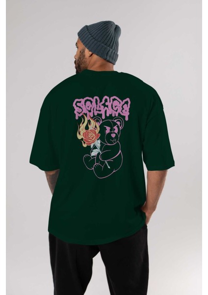 Solage Bear Arka Baskılı Zümrüt Yeşili Oversize T-Shirt Erkek Kadın Bisiklet Yaka indirimleri