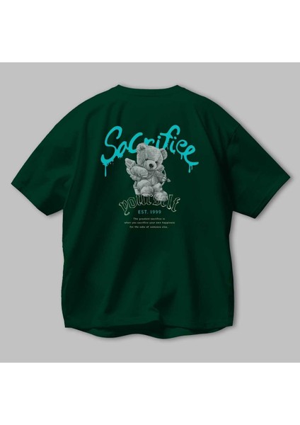 Sacrifice Bear Arka Baskılı Zümrüt Yeşili Oversize T-Shirt Erkek Kadın Bisiklet Yaka modelleri