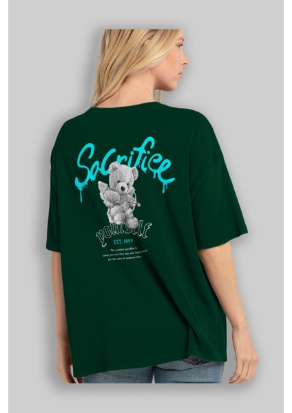 Sacrifice Bear Arka Baskılı Zümrüt Yeşili Oversize T-Shirt Erkek Kadın Bisiklet Yaka fırsatları