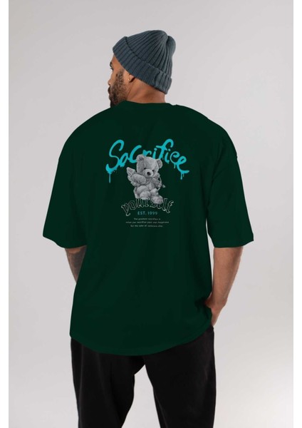 Sacrifice Bear Arka Baskılı Zümrüt Yeşili Oversize T-Shirt Erkek Kadın Bisiklet Yaka indirimleri