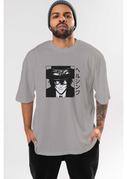 Alucard 1 Anime Ön Baskılı Gri Oversize T-Shirt %100 Pamuk Erkek Kadın