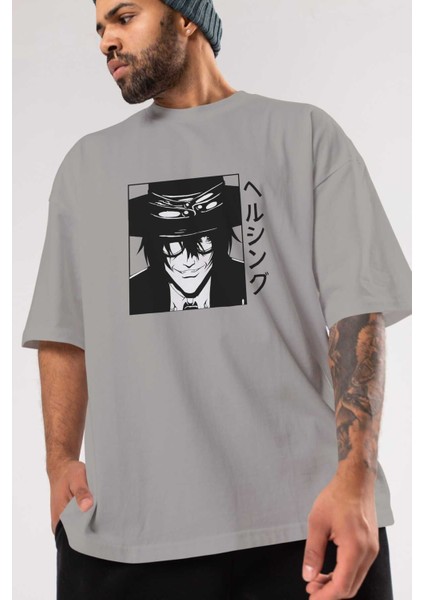 Alucard 1 Anime Ön Baskılı Gri Oversize T-Shirt %100 Pamuk Erkek Kadın modelleri