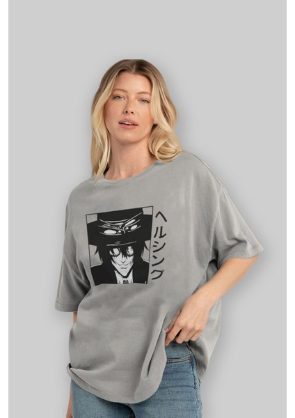 Alucard 1 Anime Ön Baskılı Gri Oversize T-Shirt %100 Pamuk Erkek Kadın fırsatları
