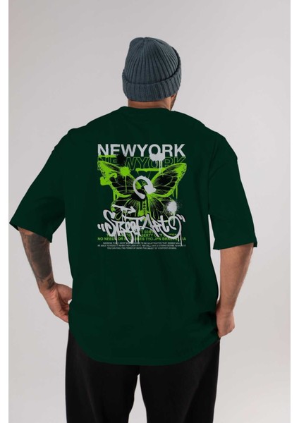 New York Street Style Arka Baskılı Zümrüt Yeşili Oversize T-Shirt Unisex Erkek Kadın Bisiklet Yaka