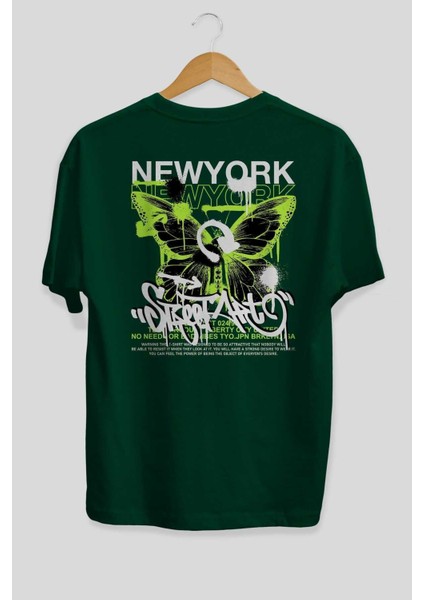 New York Street Style Arka Baskılı Zümrüt Yeşili Oversize T-Shirt Unisex Erkek Kadın Bisiklet Yaka fiyatları
