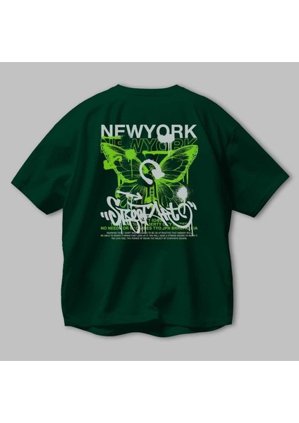 New York Street Style Arka Baskılı Zümrüt Yeşili Oversize T-Shirt Unisex Erkek Kadın Bisiklet Yaka modelleri