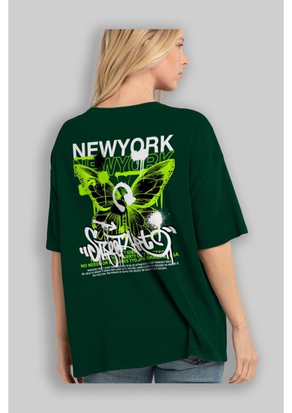 New York Street Style Arka Baskılı Zümrüt Yeşili Oversize T-Shirt Unisex Erkek Kadın Bisiklet Yaka fırsatları