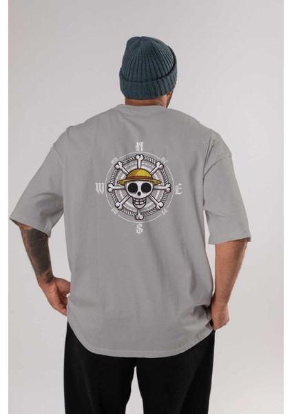 One Destiny 2 Arka Baskılı Gri Oversize T-Shirt Unisex Erkek Kadın Bisiklet Yaka