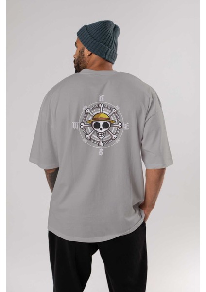 One Destiny 2 Arka Baskılı Gri Oversize T-Shirt Unisex Erkek Kadın Bisiklet Yaka