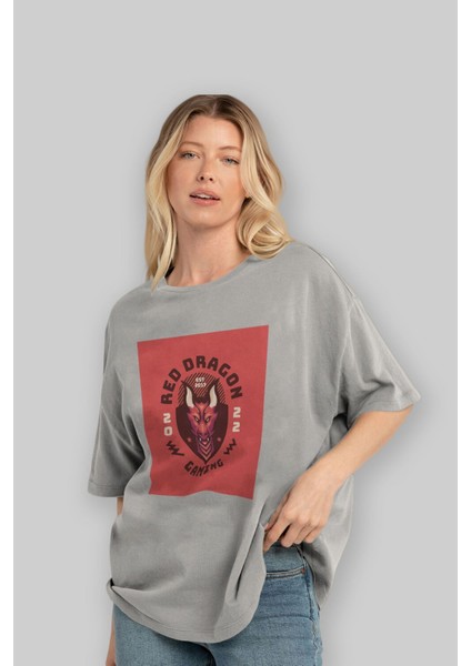 Red Dragon Ön Baskılı Gri Oversize T-Shirt Unisex Erkek Kadın Bisiklet Yaka fırsatları