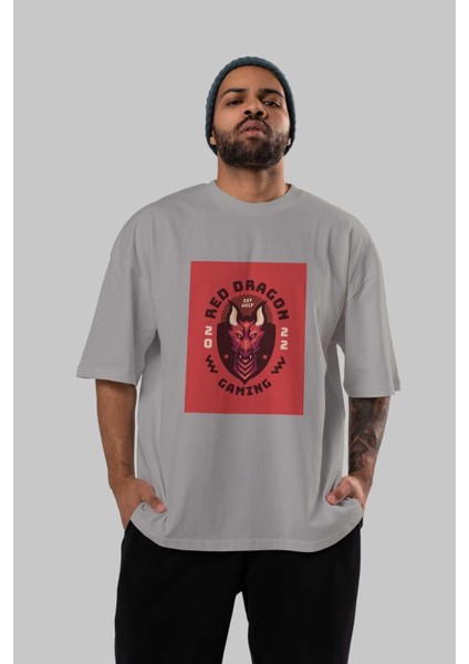 Red Dragon Ön Baskılı Gri Oversize T-Shirt Unisex Erkek Kadın Bisiklet Yaka indirimleri