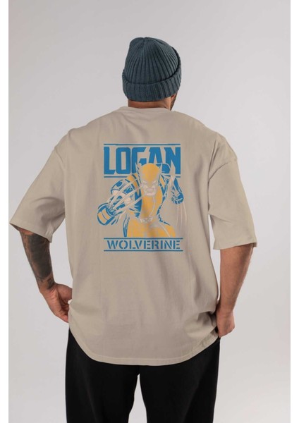 Wolverine Logan Arka Baskılı Bej Oversize T-Shirt Bisiklet Yaka Pamuk Erkek Kadın