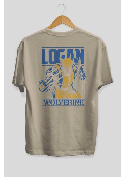 Wolverine Logan Arka Baskılı Bej Oversize T-Shirt Bisiklet Yaka Pamuk Erkek Kadın