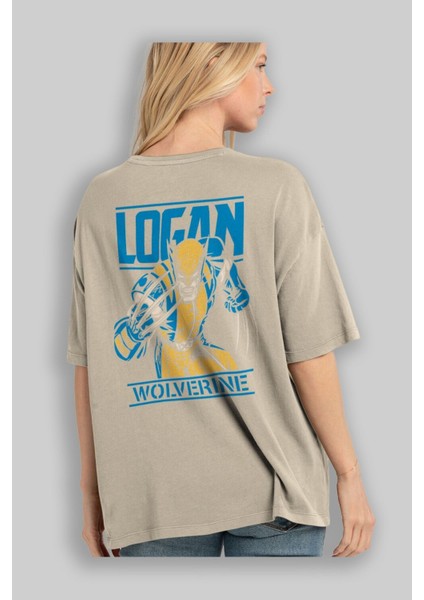 Wolverine Logan Arka Baskılı Bej Oversize T-Shirt Bisiklet Yaka Pamuk Erkek Kadın