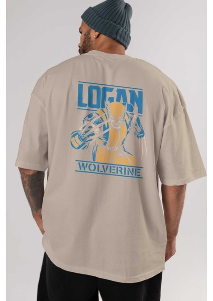 Wolverine Logan Arka Baskılı Bej Oversize T-Shirt Bisiklet Yaka Pamuk Erkek Kadın