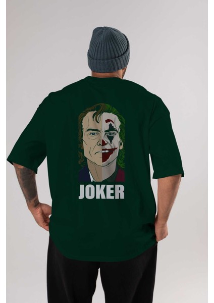 Joker (8) Arka Baskılı Zümrüt Yeşili Oversize T-Shirt Bisiklet Yaka Erkek Kadın