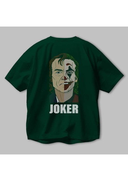 Joker (8) Arka Baskılı Zümrüt Yeşili Oversize T-Shirt Bisiklet Yaka Erkek Kadın modelleri