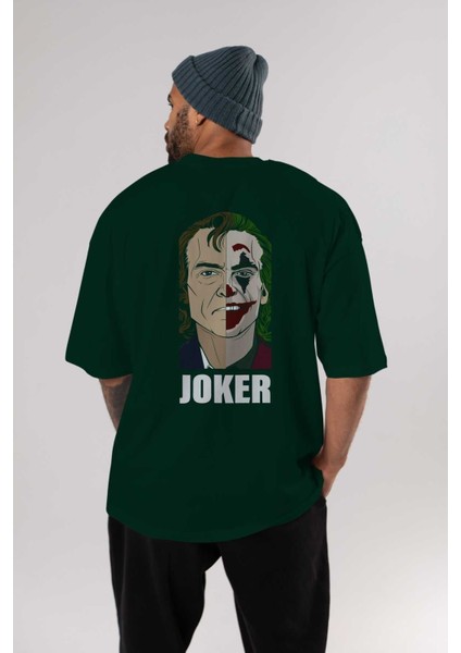 Joker (8) Arka Baskılı Zümrüt Yeşili Oversize T-Shirt Bisiklet Yaka Erkek Kadın indirimleri