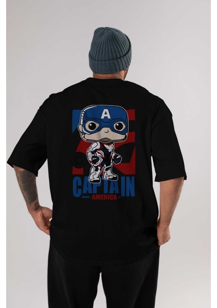 Captain America Arka Baskılı Siyah Oversize T-Shirt Bisiklet Yaka Pamuk Erkek Kadın
