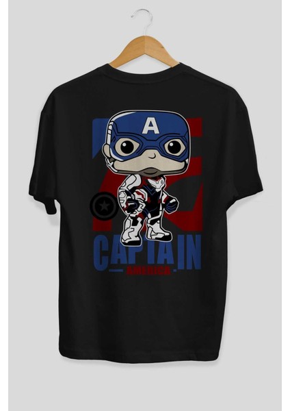 Captain America Arka Baskılı Siyah Oversize T-Shirt Bisiklet Yaka Pamuk Erkek Kadın