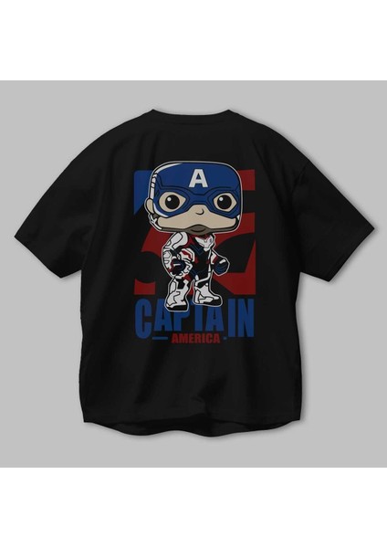 Captain America Arka Baskılı Siyah Oversize T-Shirt Bisiklet Yaka Pamuk Erkek Kadın