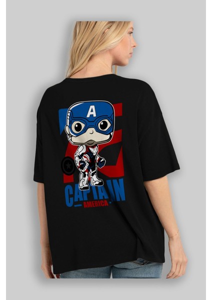 Captain America Arka Baskılı Siyah Oversize T-Shirt Bisiklet Yaka Pamuk Erkek Kadın