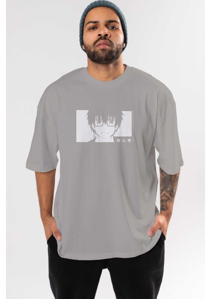 Rei Kiriyama 3 Anime Ön Baskılı Gri Oversize T-Shirt %100 Pamuk Erkek Kadın