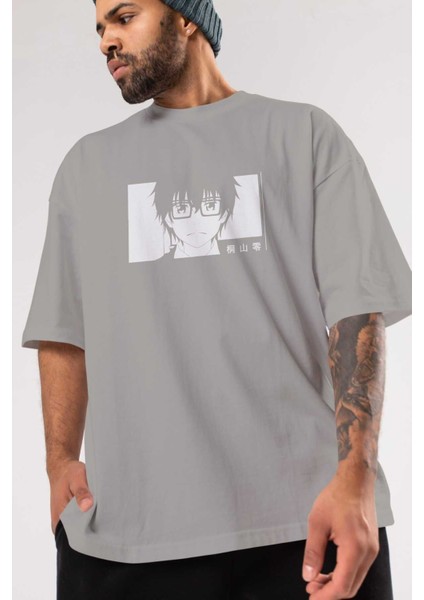 Rei Kiriyama 3 Anime Ön Baskılı Gri Oversize T-Shirt %100 Pamuk Erkek Kadın modelleri