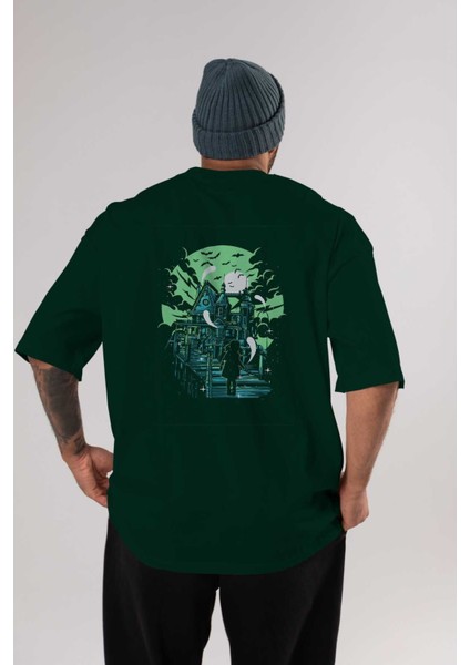 Haunted House Arka Baskılı Zümrüt Yeşili Oversize T-Shirt Unisex Erkek Kadın Bisiklet Yaka