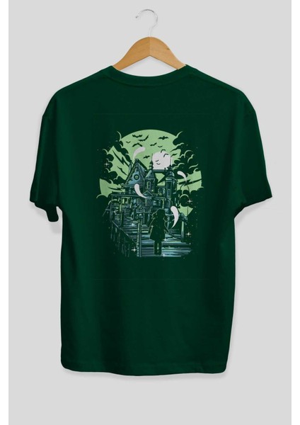 Haunted House Arka Baskılı Zümrüt Yeşili Oversize T-Shirt Unisex Erkek Kadın Bisiklet Yaka fiyatları
