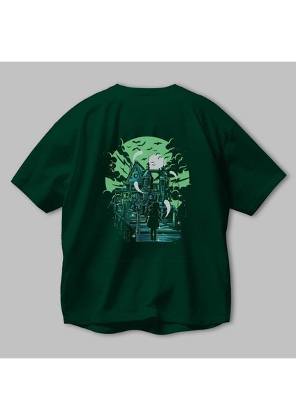 Haunted House Arka Baskılı Zümrüt Yeşili Oversize T-Shirt Unisex Erkek Kadın Bisiklet Yaka modelleri