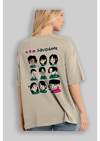Squid Game (3) Arka Baskılı Bej Oversize T-Shirt Bisiklet Yaka Pamuk Erkek Kadın modelleri