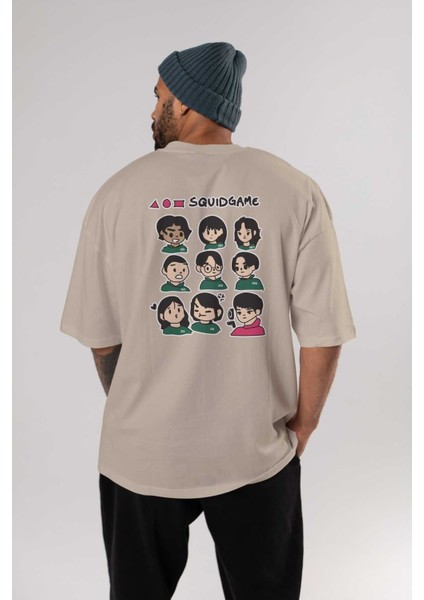 Squid Game (3) Arka Baskılı Bej Oversize T-Shirt Bisiklet Yaka Pamuk Erkek Kadın fırsatları