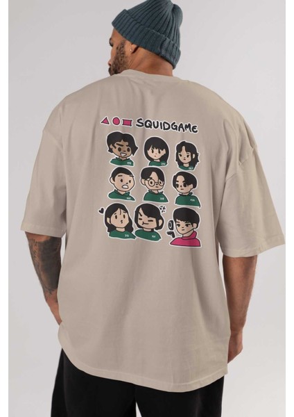Squid Game (3) Arka Baskılı Bej Oversize T-Shirt Bisiklet Yaka Pamuk Erkek Kadın indirimleri