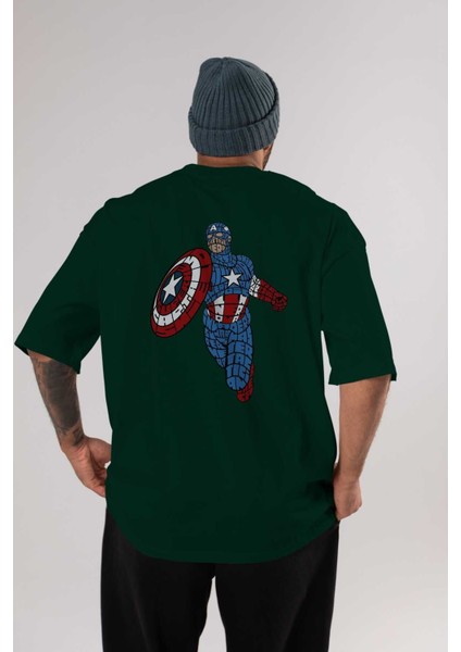 Star And Stripes Hero Arka Baskılı Zümrüt Yeşili Oversize T-Shirt Erkek Kadın Bisiklet Yaka