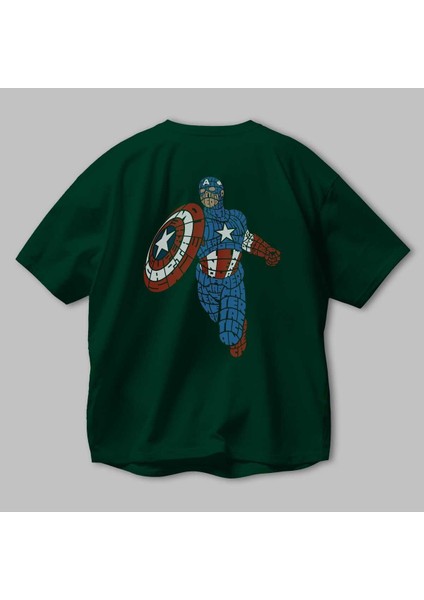 Star And Stripes Hero Arka Baskılı Zümrüt Yeşili Oversize T-Shirt Erkek Kadın Bisiklet Yaka modelleri