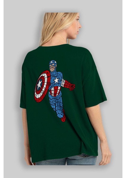 Star And Stripes Hero Arka Baskılı Zümrüt Yeşili Oversize T-Shirt Erkek Kadın Bisiklet Yaka fırsatları