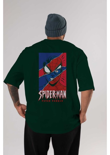 Spiderman (13) Arka Baskılı Zümrüt Yeşili Oversize T-Shirt Bisiklet Yaka Erkek Kadın