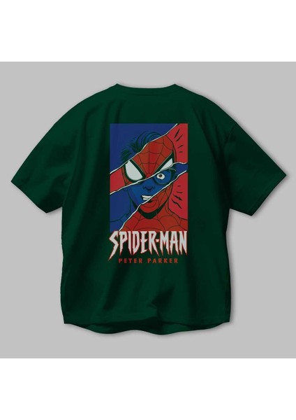 Spiderman (13) Arka Baskılı Zümrüt Yeşili Oversize T-Shirt Bisiklet Yaka Erkek Kadın modelleri