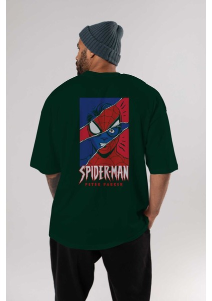 Spiderman (13) Arka Baskılı Zümrüt Yeşili Oversize T-Shirt Bisiklet Yaka Erkek Kadın indirimleri