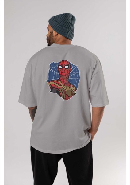 Spiderman (29) Arka Baskılı Gri Oversize T-Shirt Bisiklet Yaka Pamuk Erkek Kadın fırsatları