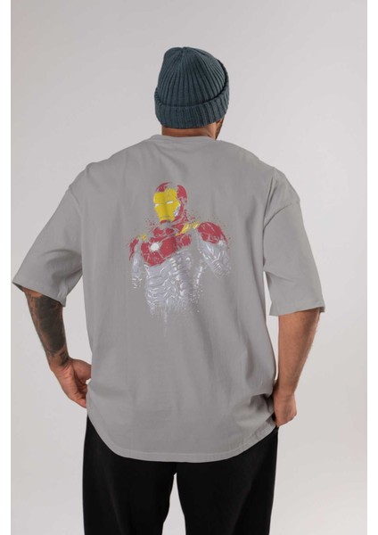 Iron Man (2) Arka Baskılı Gri Oversize T-Shirt Bisiklet Yaka Pamuk Erkek Kadın
