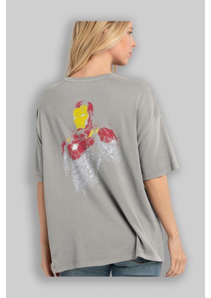 Iron Man (2) Arka Baskılı Gri Oversize T-Shirt Bisiklet Yaka Pamuk Erkek Kadın