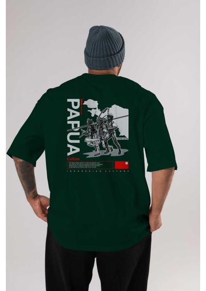 Papua Culture Arka Baskılı Zümrüt Yeşili Oversize T-Shirt Erkek Kadın Bisiklet Yaka