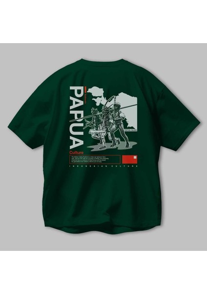 Papua Culture Arka Baskılı Zümrüt Yeşili Oversize T-Shirt Erkek Kadın Bisiklet Yaka modelleri