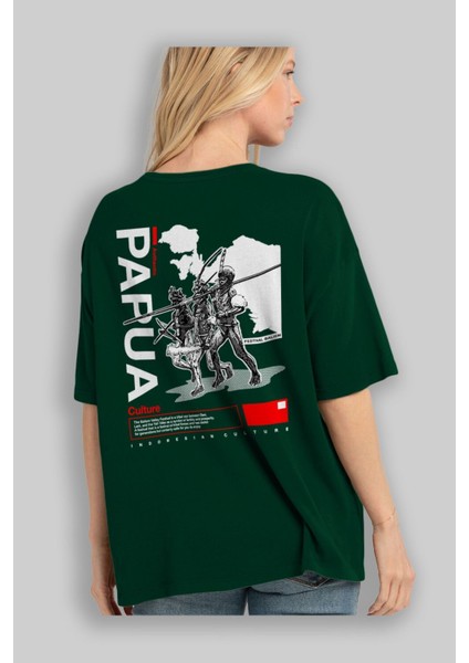 Papua Culture Arka Baskılı Zümrüt Yeşili Oversize T-Shirt Erkek Kadın Bisiklet Yaka fırsatları