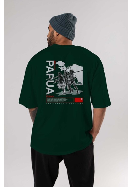 Papua Culture Arka Baskılı Zümrüt Yeşili Oversize T-Shirt Erkek Kadın Bisiklet Yaka indirimleri